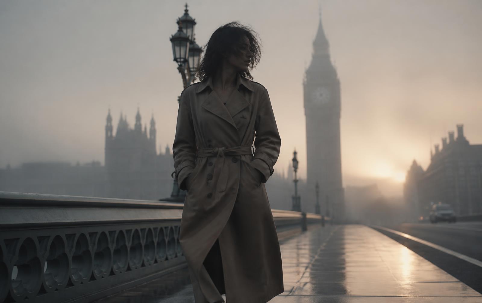 A belted tan trench coat worn on a foggy London bridge at dawn